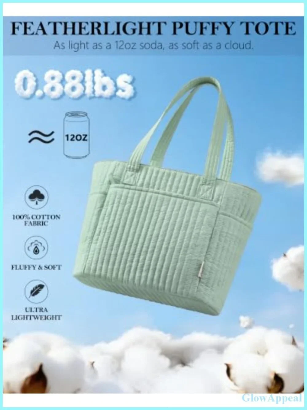 Quilted Puffer Cotton Tote Bag with 10 Pockets, Laptop Sleeve, Waterproof